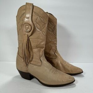 Laredo Vintage Cream Leather Fringe Western Boho Cowboy Boots Women Size 6M